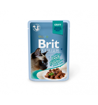 BRIT PREMIUM DELICATE FILLETS IN GRAVY WITH BEEF KONSERVAI 85G KATĖMS