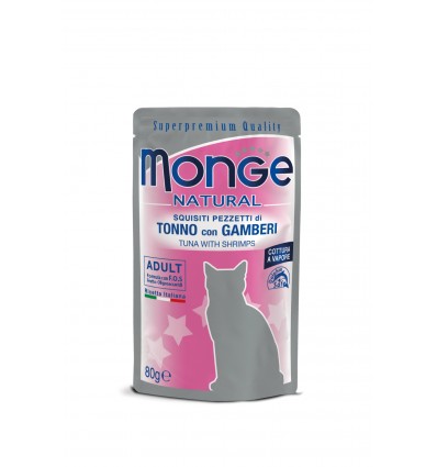 MONGE NATURAL - WET CAT POUCHES TUNA FLAKES WITH SHRIMP IN JELLY 80G FOR CATS