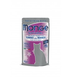 MONGE NATURAL - WET CAT POUCHES TUNA FLAKES WITH BEEF IN JELLY 80G FOR CATS