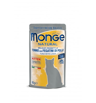 MONGE NATURAL - WET CAT POUCHES TUNA FLAKES WITH CHICKEN LIVER IN JELLY - KITTEN 80G KATĖMS