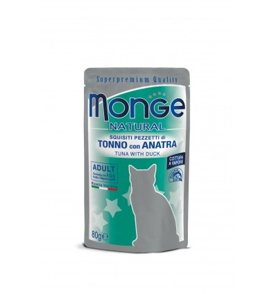 MONGE NATURAL - WET CAT POUCHES TUNA FLAKES WITH DUCK IN JELLY 80G KATĖMS