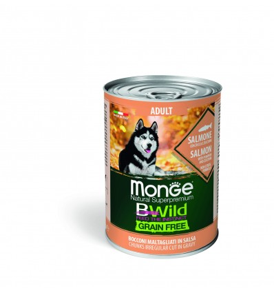 MONGE BWILD DOG ADULT CHUNKIES GRAIN FREE SALMON WITH PUMPKIN&ZUCCHINI 400G ŠUNIMS