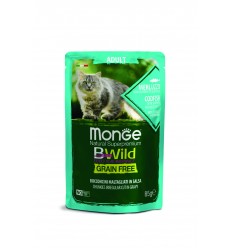 MONGE BWILD CAT POUCHES GRAIN FREE ADULT CODFISH, SHRIMPS VEGETABLES 85G FOR CATS