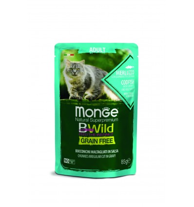 MONGE BWILD CAT POUCHES GRAIN FREE ADULT CODFISH, SHRIMPS VEGETABLES 85G KATĖMS