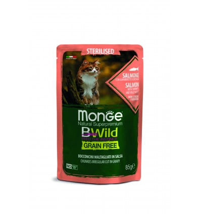 MONGE BWILD CAT POUCHES GRAIN FREE ADULT STERILISED SALMON, SHRIMPS VEGETABLES 85G FOR CATS