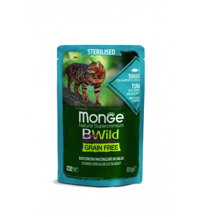 MONGE BWILD CAT POUCHES GRAIN FREE ADULT STERILISED TUNA, SHRIMPS VEGETABLES 85G FOR CATS