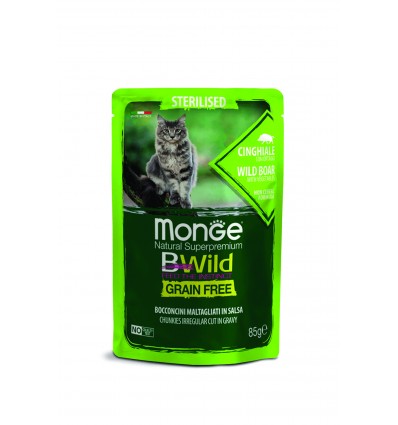 MONGE BWILD CAT POUCHES GRAIN FREE ADULT STERILISED WILD BOAR VEGETABLES 85G FOR CATS