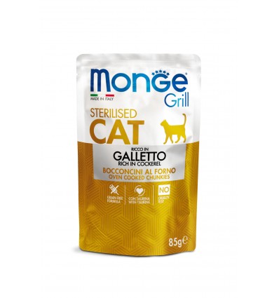 MONGE GRILL- CAT POUCHES STERILISED COCKEREL 85G FOR CATS