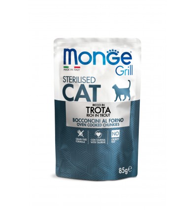 MONGE GRILL- CAT POUCHES STERILISED TROUT 85G FOR CATS